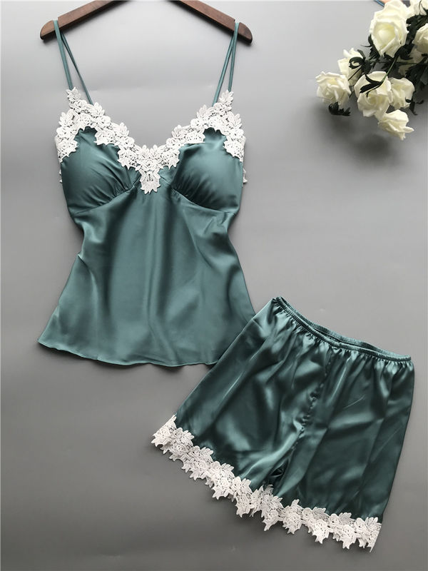 Αναπνεύσιμο σατέν Lingerie καθορισμένο Β πιτζαμάτων πυτζαμών γυναικών δαντελλών δύο κομματιού - λαιμός