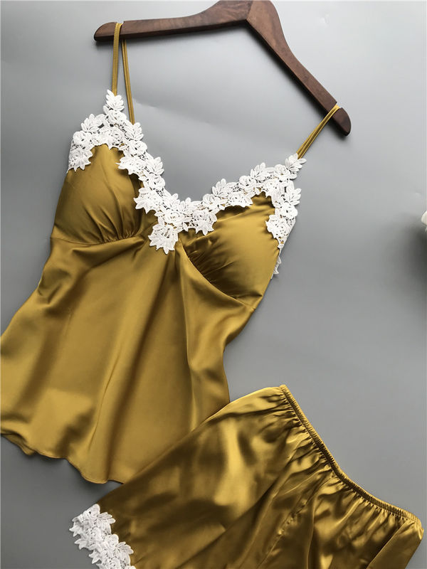 Αναπνεύσιμο σατέν Lingerie καθορισμένο Β πιτζαμάτων πυτζαμών γυναικών δαντελλών δύο κομματιού - λαιμός