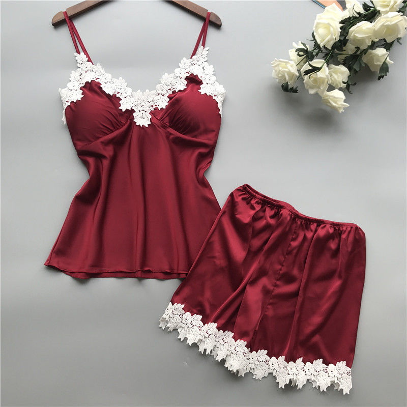 Αναπνεύσιμο σατέν Lingerie καθορισμένο Β πιτζαμάτων πυτζαμών γυναικών δαντελλών δύο κομματιού - λαιμός