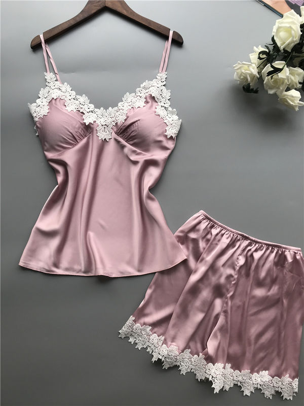 Αναπνεύσιμο σατέν Lingerie καθορισμένο Β πιτζαμάτων πυτζαμών γυναικών δαντελλών δύο κομματιού - λαιμός