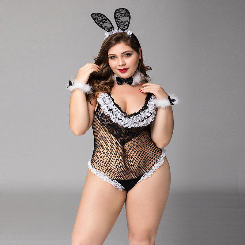 Μεγάλες πυτζάμες συν Lingerie Babydoll το μαύρο χαριτωμένο φύλο κοριτσιών λαγουδάκι πλέγματος δαντελλών
